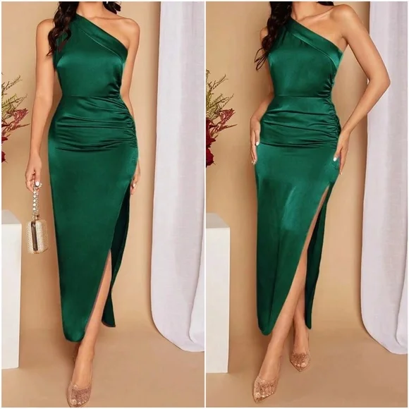 Luxe One Shoulder Satin Formal Evening party Dress - Picture 1 of 8